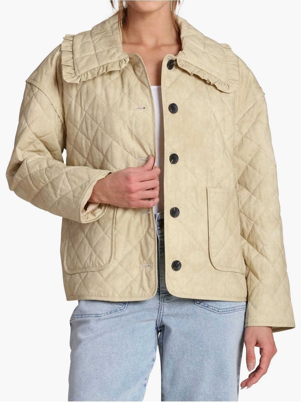Quilted Ruffle-Collar Puffer Jacket - Beige